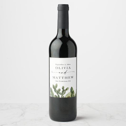 Elegante Wüstenhochzeit. Aquarellkaktus und Skript Weinetikett (Vorderseite)