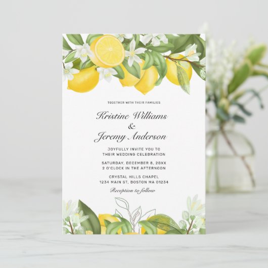Elegante Yellow Lemons Watercolor Wedding Einladung (Stehend Vorderseite)