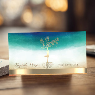 Elegante Yogalehrerin Goldener Baum Frauen Silhoue Visitenkarte