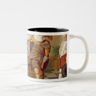 Elegante Zahlen, die an einem Tisch genießen Zweifarbige Tasse