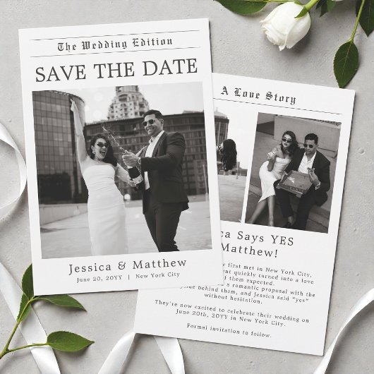 Elegante Zeitungs-Schwarz-Weiß-Foto-Hochzeit Save The Date