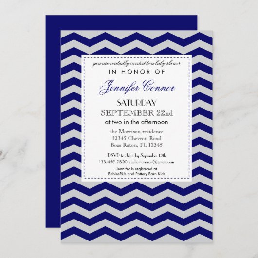 Elegante Zickzack Babydusche Navy Blauer Einladung (Vorne/Hinten)