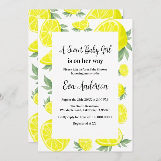 Elegante Zitronen Babydusche Einladung (Vorne/Hinten)