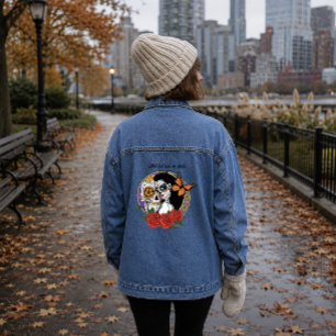 Elegante Zucker-Schädel Monarch Rot Rosen Art Nouv Jeansjacke