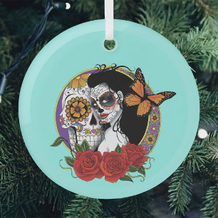 Elegante Zucker-Schädel Monarch Rot Rosen Art Nouv Ornament Aus Glas