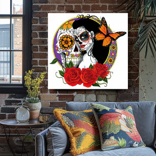Elegante Zucker-Schädel Monarch Rot Rosen Art Nouv Poster