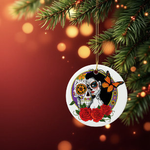 Elegante Zuckerschädel Monarch rote Rosen Jugendst Keramikornament