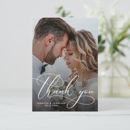 Elegante Zwei-Foto-Hochzeit Dankeskarte (Stehend Vorderseite)