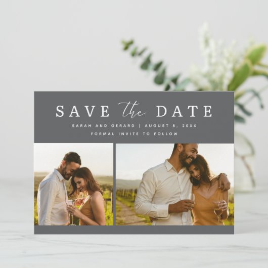 Elegante zwei Fotos Hochzeit speichern das Datum Save The Date (Stehend Vorderseite)