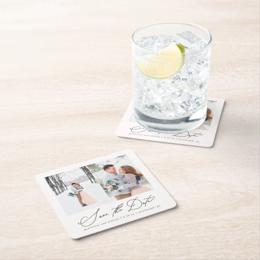 Elegante zwei Fotos Hochzeit speichern Sie den Dat Rechteckiger Pappuntersetzer (Vor Ort)