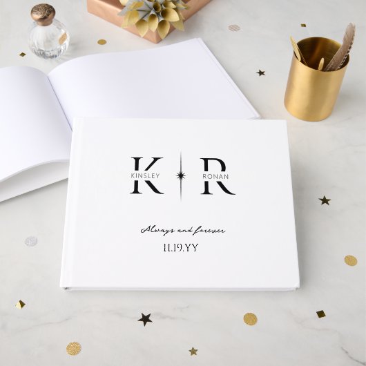 Elegante Zwei-Initialen-Monogramm-Hochzeit mit Fla Gästebuch (Vorderseite Offen)