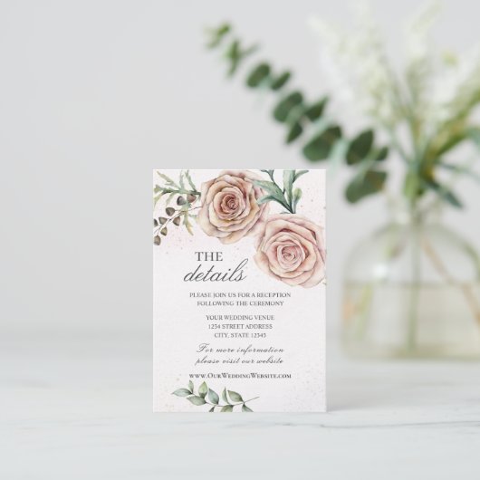 Elegante zwei rosa Rosen Hochzeitsdetails Begleitkarte (Stehend Vorderseite)