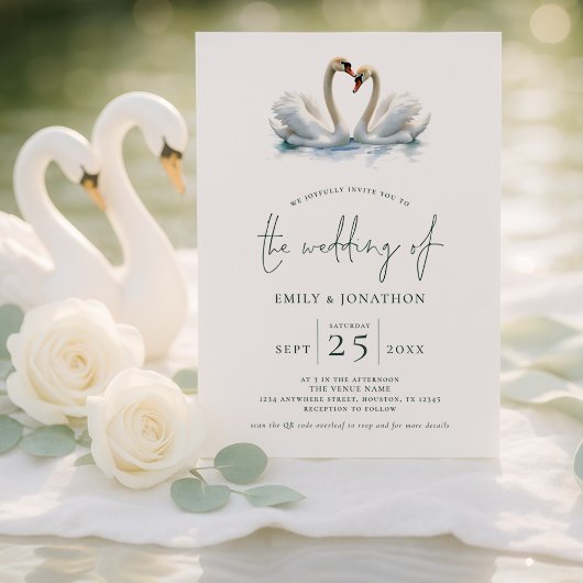 Elegante Zwei-Schwäne-Script-Hochzeit Einladung