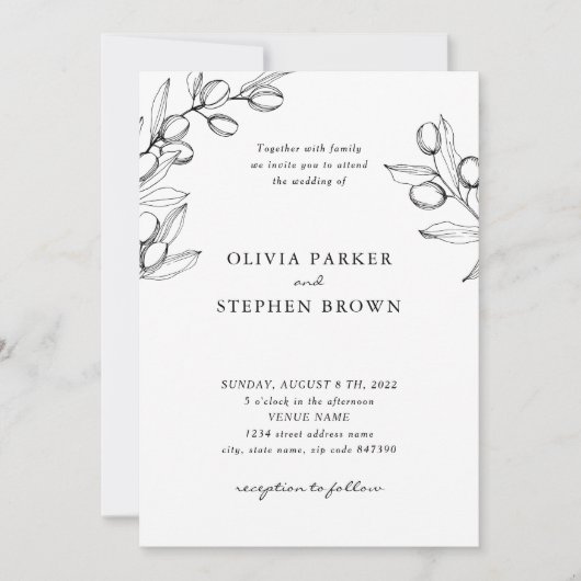 Elegante Zweige Oliven. Einfache Schwarz-weiße Hoc Einladung (Vorderseite)