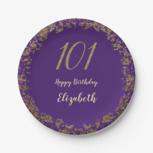 Eleganter 101. Geburtstag Lila und Gold Pappteller