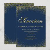 Eleganter 17. Geburtstag Einladung Gold Navy Glitz (Vorne/Hinten)