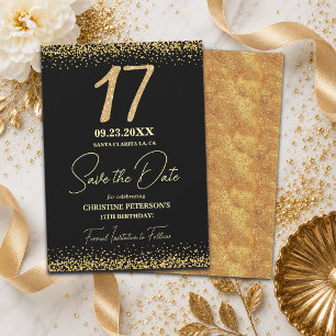 Eleganter 17. Schwarzer Gold-Glitter-Geburtstag Save The Date