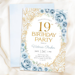 Eleganter 19. Geburtstag Dusty Blue Gold Floral Einladung