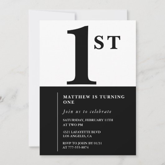 Eleganter 1. Geburtstag Einladung Black Chic Moder (Vorderseite)