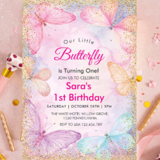 Eleganter 1. Geburtstag farbenfroher Schmetterling Einladung