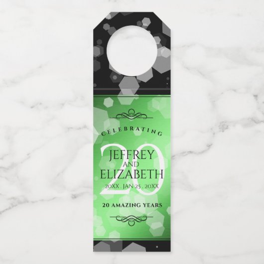 Eleganter 20. Smaragdgrüner Hochzeitstag Flaschenanhänger (Rückseite)