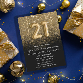 Eleganter 21. Geburtstag Black & Gold Glitzer Einladung