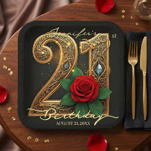 Eleganter 21. Geburtstag Schwarz Gold Filigran Rot Pappteller