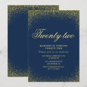 Eleganter 22. Geburtstag Einladung Navy Gold Glitz (Vorne/Hinten)