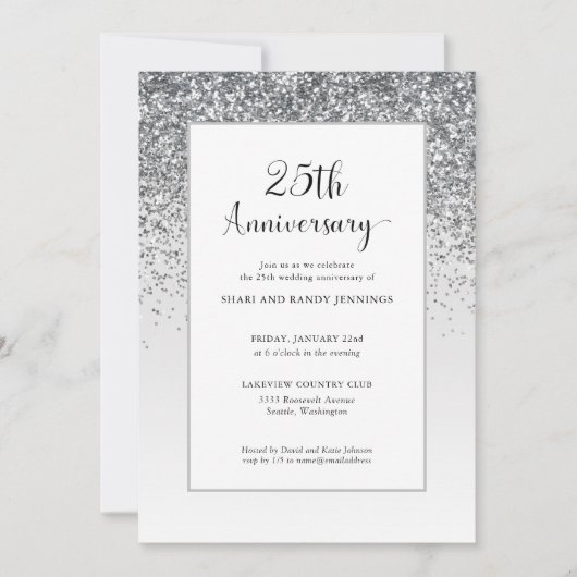 Eleganter 25. Silberner Glitzer Hochzeitstag Einladung (Vorderseite)