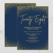 Eleganter 28. Geburtstag Einladung Navy Gold Glitz (Vorne/Hinten)
