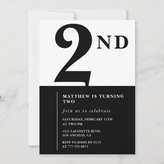 Eleganter 2. Geburtstag Einladung Black Chic Moder (Vorderseite)