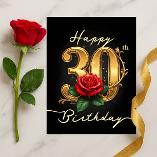 Eleganter 30. Geburtstag Goldschrift Rot Floral Postkarte