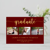 Eleganter 3 Foto Abschluss Red Gold Folieneinladung (Stehend vorne)