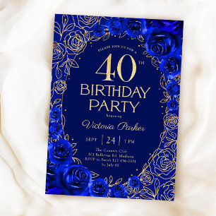 Eleganter 40. Geburtstag Royalblau Gold Blumen Einladung