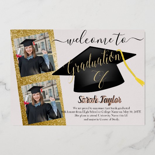 Eleganter 4-Foto-Abschluss Folieneinladung (Vorderseite)