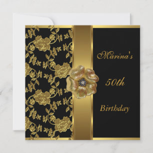 Eleganter 50. Geburtstag Schwarz Gold Floral Broka Einladung