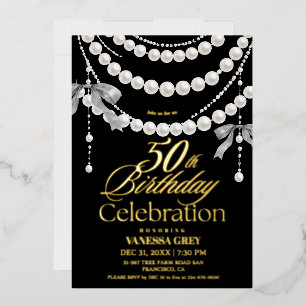 Eleganter 50. Geburtstag Schwarz Gold Perlen Folieneinladung