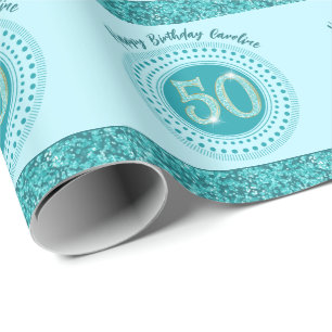 Eleganter 50. Geburtstag Türkisblauer Glitter & St Geschenkpapier