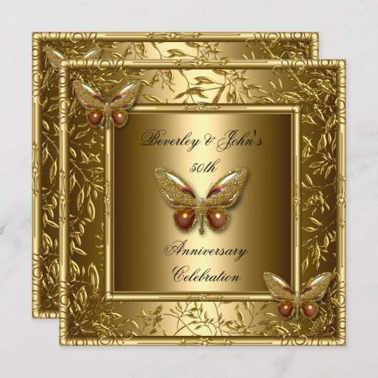 Eleganter 50. Hochzeitstag Gold Butterfly Einladung (Vorne/Hinten)