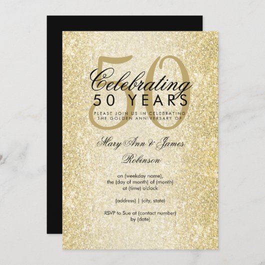 Eleganter 50. Hochzeitstag Gold Glitzer Einladung (Vorne/Hinten)