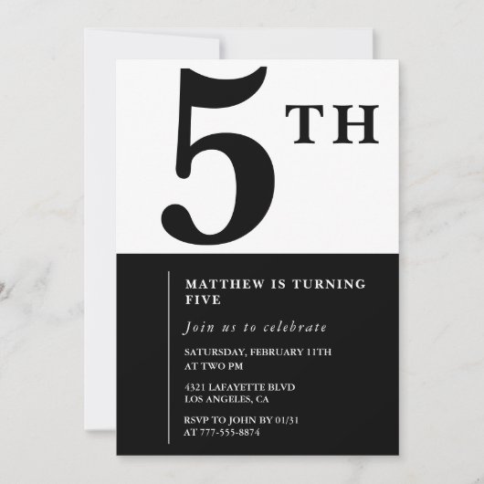 Eleganter 5. Geburtstag Einladung Black Chic Moder (Vorderseite)