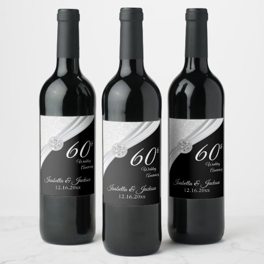 Eleganter 60./75. Diamond Glitzer Jubiläum Weinetikett (Flaschen)