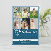 Eleganter 6 Foto Collage Blau und Weiß Abschluss Ankündigung (Stehend Vorderseite)