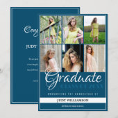 Eleganter 6 Foto Collage Blau und Weiß Abschluss Ankündigung (Vorne/Hinten)