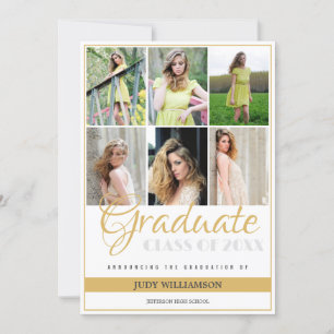 Eleganter 6 Foto Collage White and Gold Abschluss Ankündigung