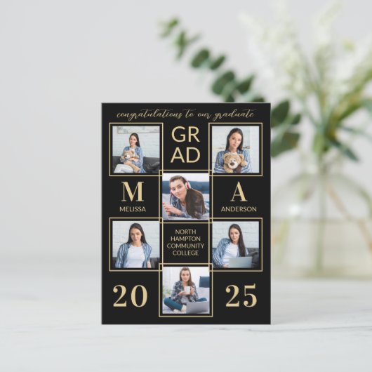Eleganter 6 Foto Personalisiert Black Gold Abschlu Einladungspostkarte (Stehend Vorderseite)