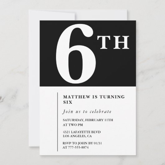 Eleganter 6. Geburtstag Einladung Black Chic Boy (Vorderseite)