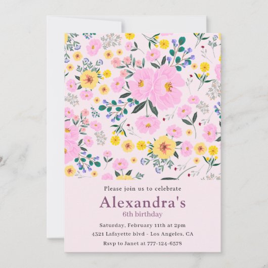 Eleganter 6. Geburtstag Einladungen Rosa Blumenchi (Vorderseite)