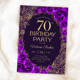 Eleganter 70. Geburtstag Lila Gold Blumen Einladung