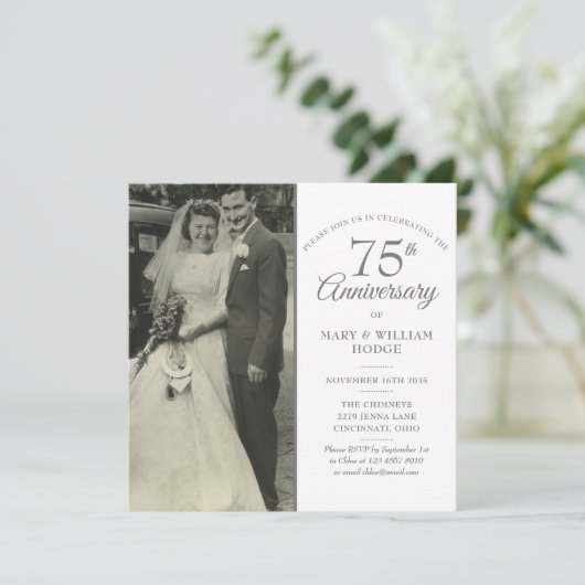 Eleganter, 75-jähriger Hochzeitsplatz Foto Einladung (Stehend Vorderseite)